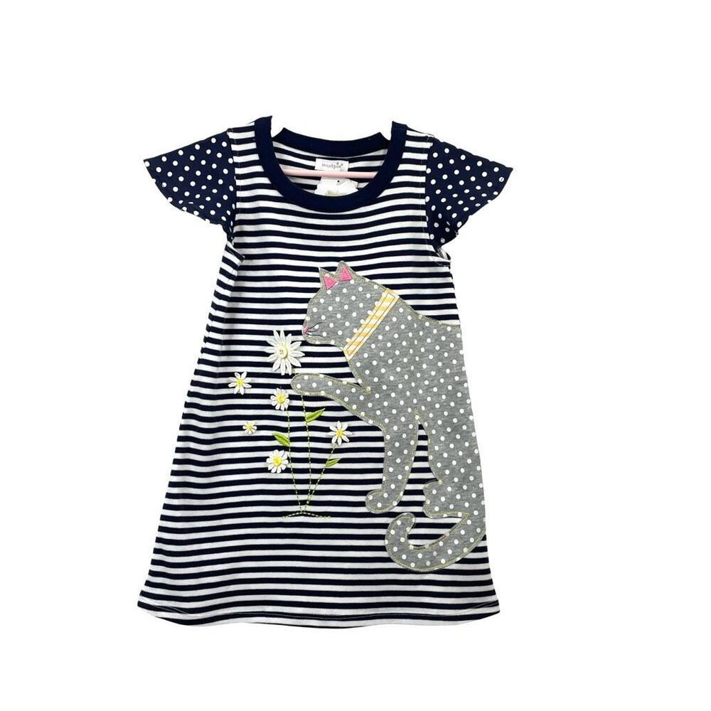 NEW Mud Pie polka dot‎ Cat print Striped Dress Size 4T 100% cotton